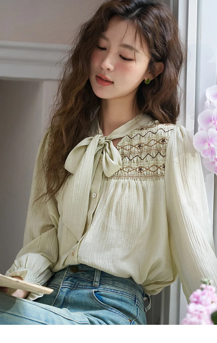 MISHOW Ribbon Collar Shirt Sweet Cuffs Pleated Embroidered Petal Sleeve MXD14C0226