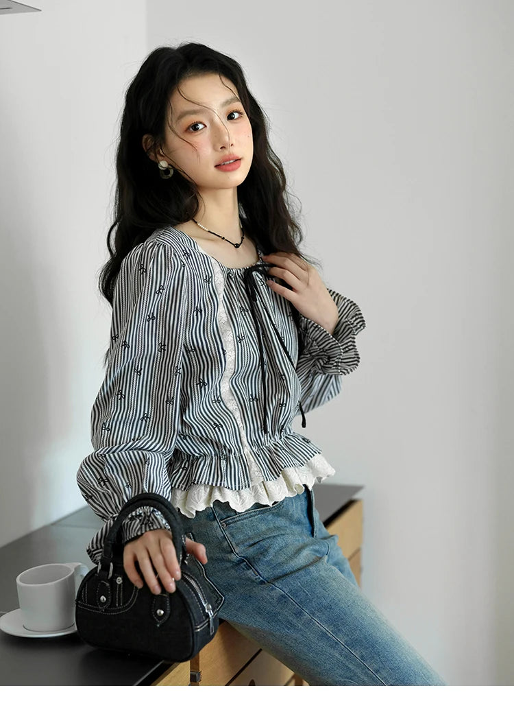 MISHOW Black Striped Blouse Lace-Up Bow Round Collar MXE41X1948