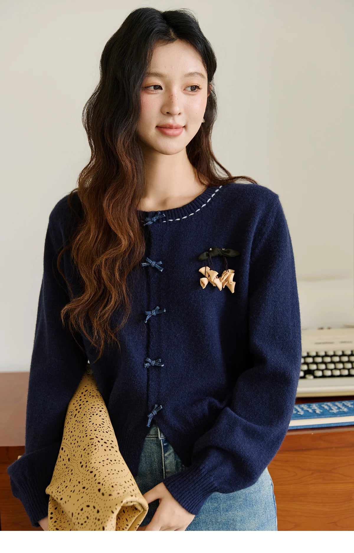 Mishow Bow Placket Lantern Sleeve Cardigan with Brooch MXE45Z1377