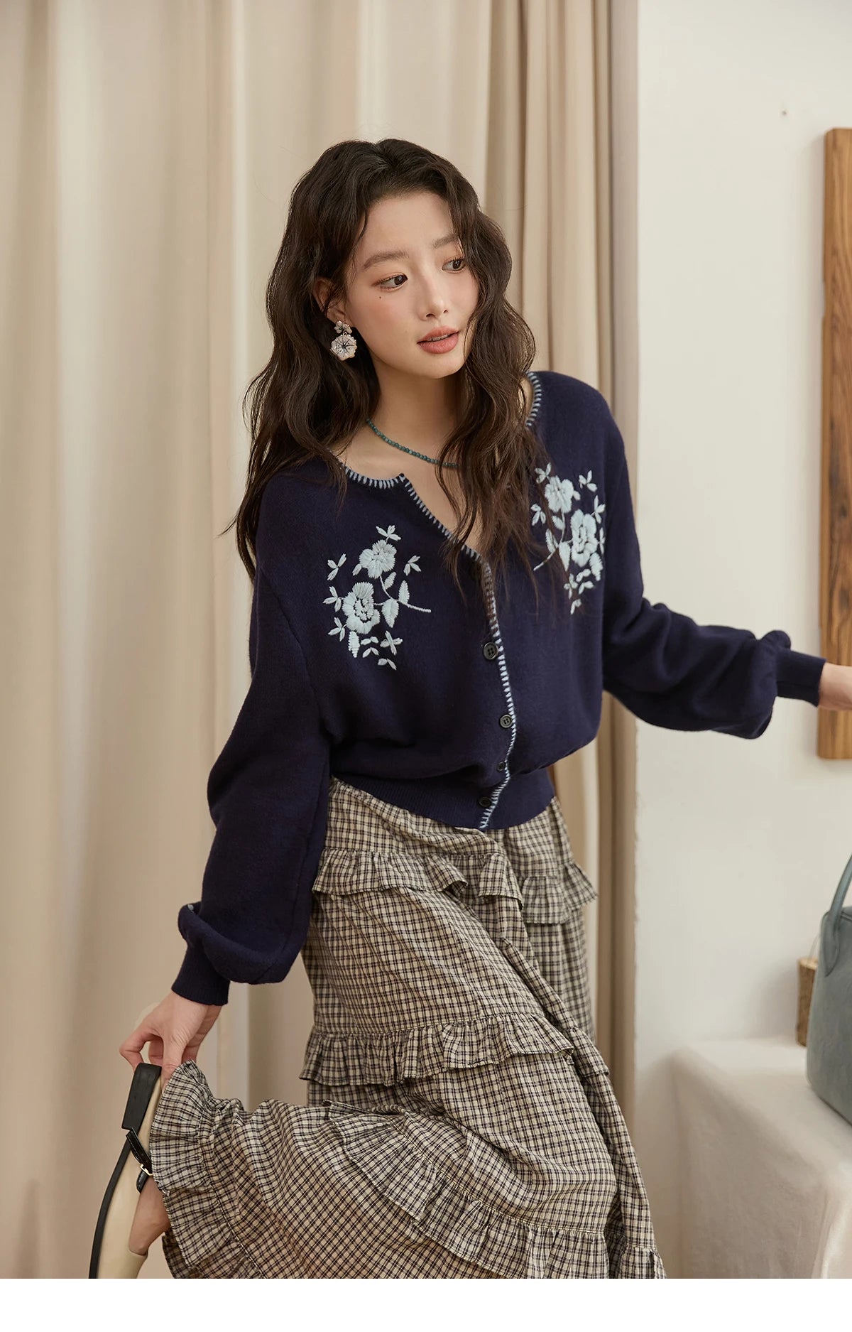 Mishow Dark Blue French Embroidered Cardigan MXE45Z1381