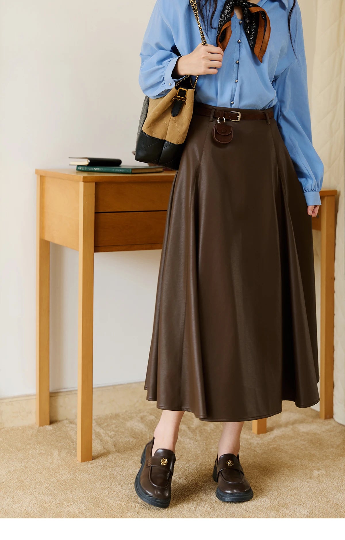 MISHOW PU Leather A-Line Skirt High Waist Retro Coffee MXE45B2412