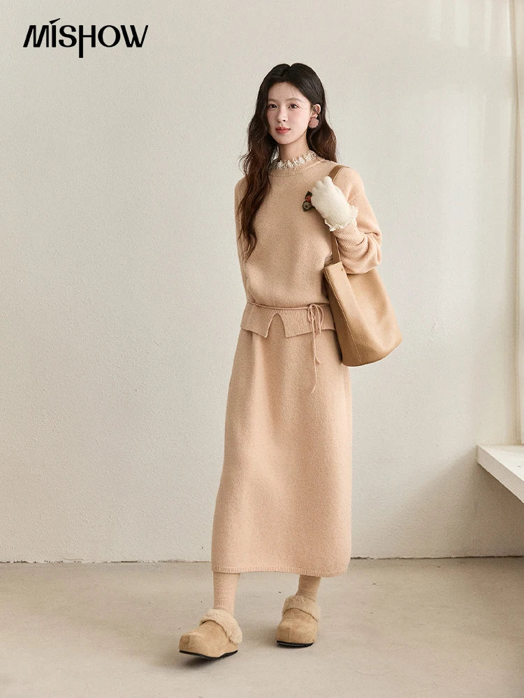 Mishow Lace Trim Knit Sweater & Back Split Midi Skirt Set MXE92T1450