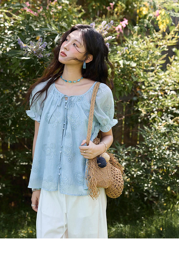 MISHOW Embroidered Flower Shirt Puff Sleeve Round Neck MXE39X1922