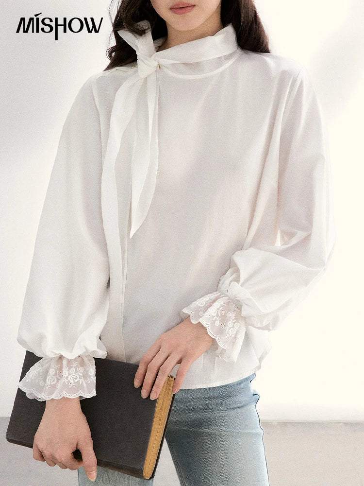 MISHOW White Blouse Bow Tie Neck Lantern Sleeve Lace Patchwork MXF108C0814