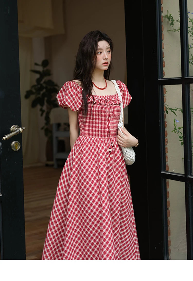 Mishow Retro Red Plaid Square Neck Lace Up Dress MXE39L2324
