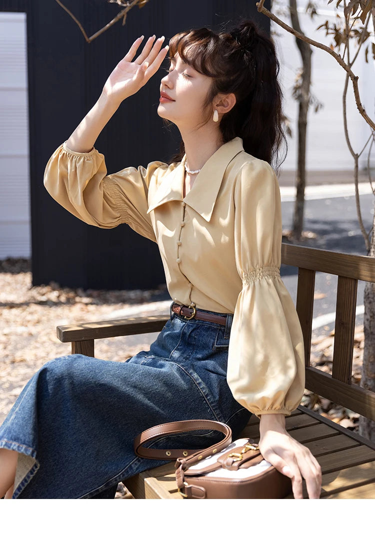 MISHOW Vintage French Lantern Sleeve Blouse Turndown Collar MXB32C0508