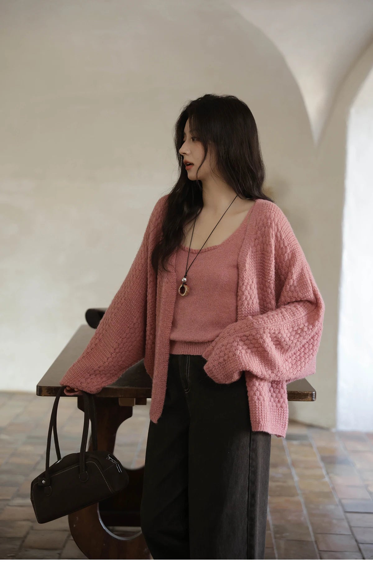 Mishow Pink Long Sleeves Cardigan with Vest Set MXE44T0737