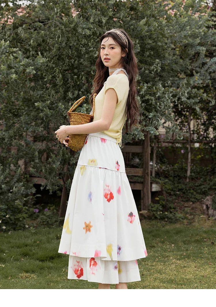 MISHOW White Background Flower Cotton Skirt High Waist A-LINE MXE32B0720