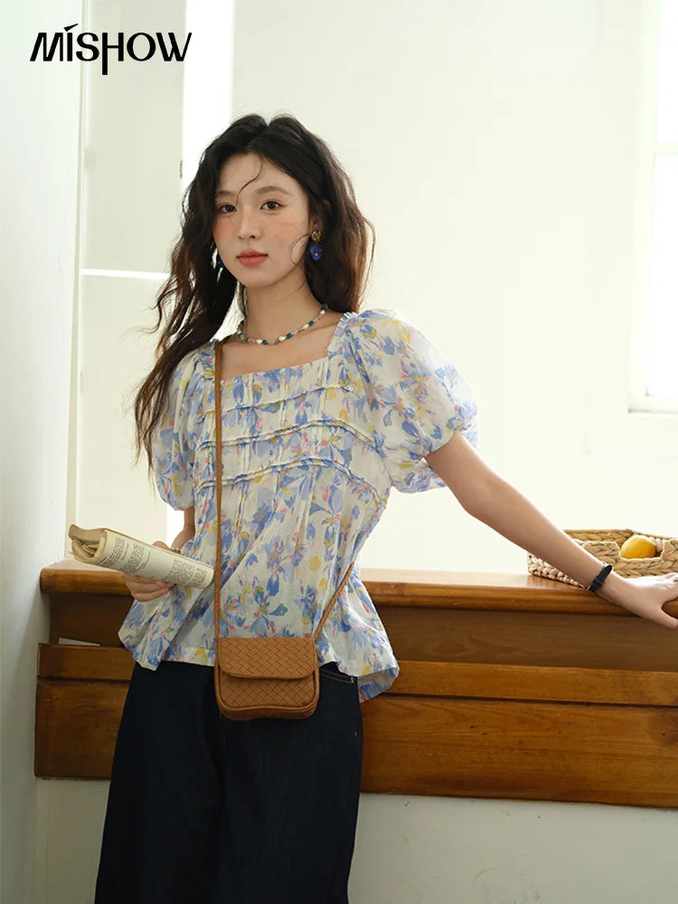 MISHOW Square Neck Puff Sleeve Blouse Print Top MXE39X1937