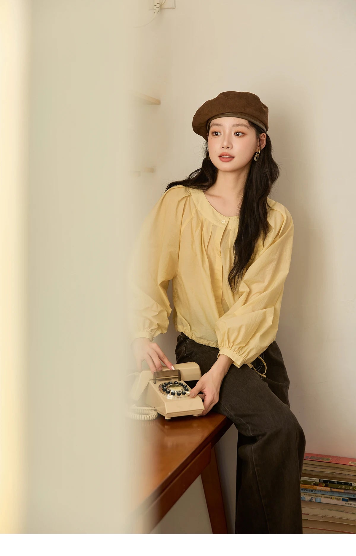 MISHOW Light Yellow Pleated Shirt Drawstring Hem Lantern Sleeve MXE45X2490
