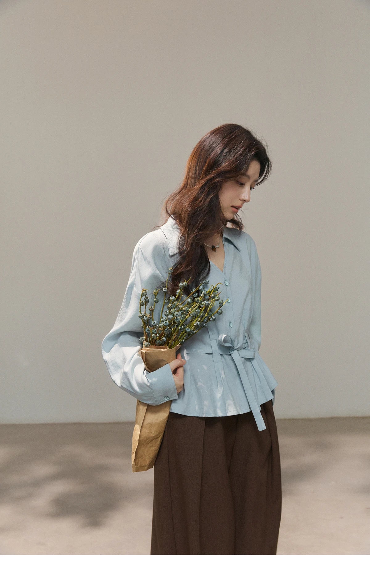 MISHOW Light Blue Lyocell Shirt V-Neck Belted Waist MXF13C2437