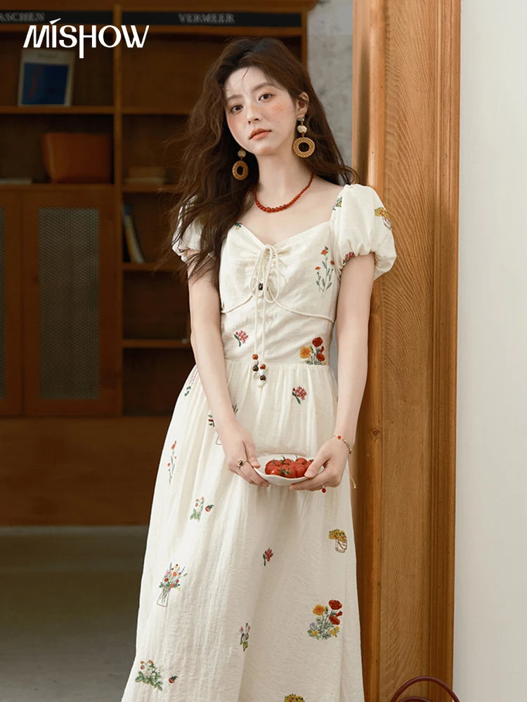 Mishow Square Neck Lace-Up Puff Sleeve Dress MXE37L2315