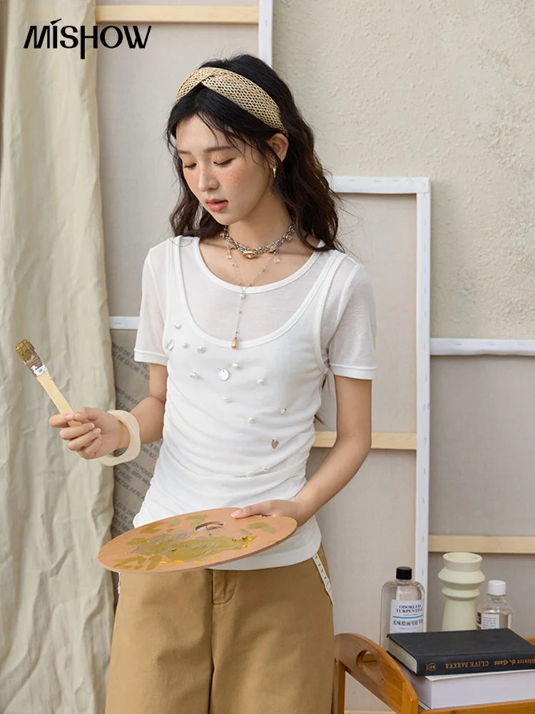 Mishow White Fake Two-Piece Bead Tee MXE35T0566