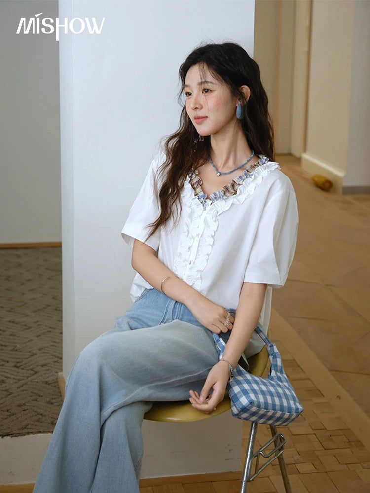 MISHOW V-Neck Shirt Patchwork Double Layer Fungus Edge Button MXE35X1793