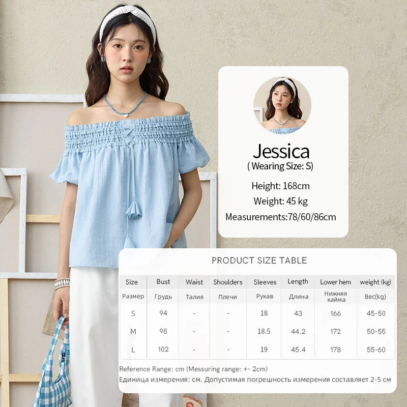 MISHOW Mist Blue One Shoulder Blouse Elastic Pleated Puff Sleeve MXE34X1796