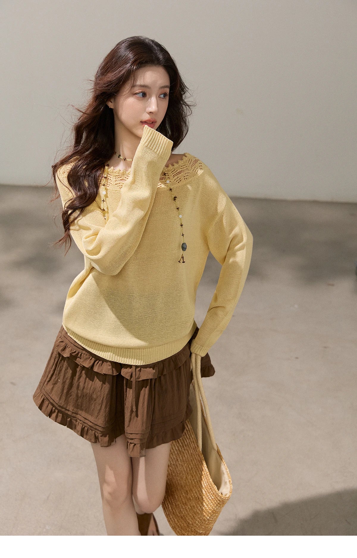 Mishow Yellow Hollow Lace Trim Boat Neck Sweater MXF15Z3050