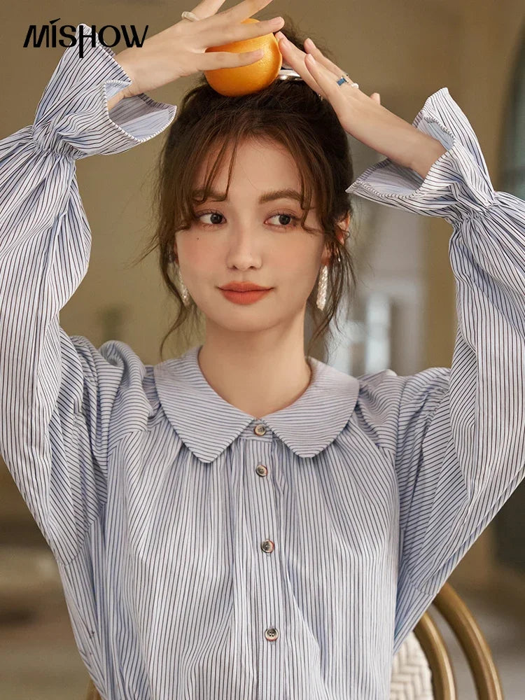 MISHOW Blue Stripe Shirt Bubble Sleeves Doll Neck MXD12C0163