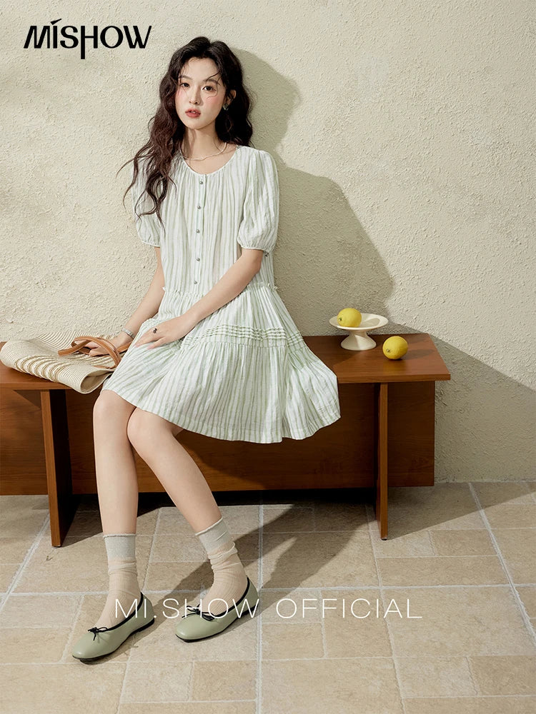 MISHOW French Green Striped Puff Sleeve Dress MXE15L2141