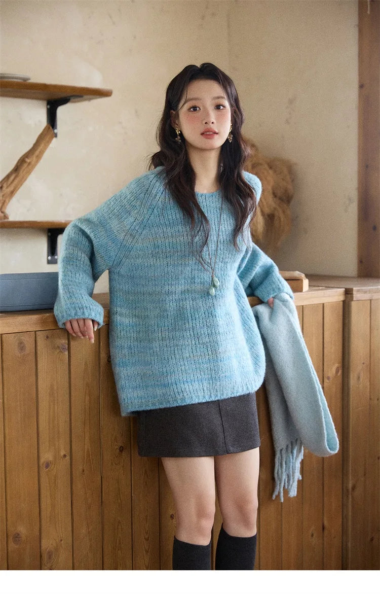 Mishow Blue Loose Crew Neck Long Sleeve Pullover MXE86Z2733