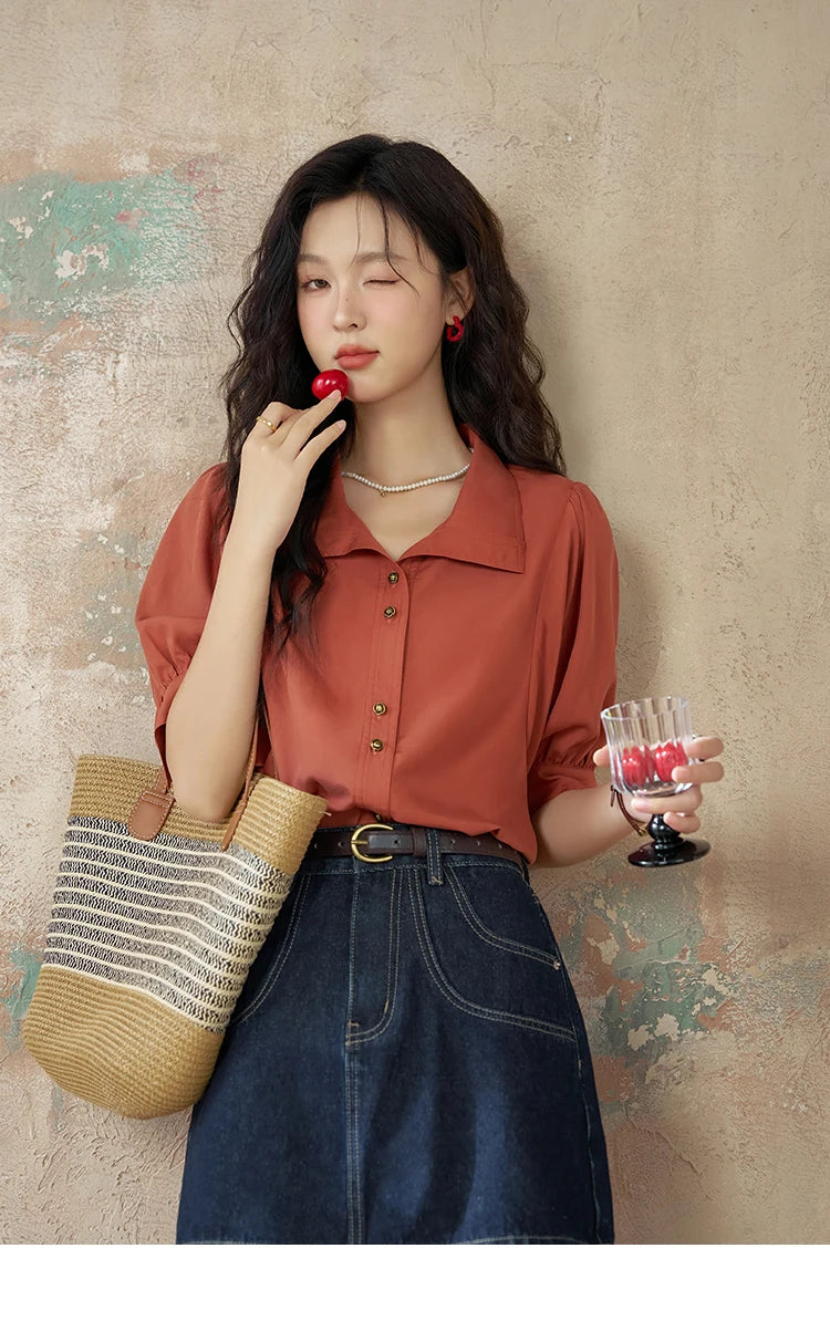 MISHOW Short Sleeve Blouse Lapel Simple Loose Fit MXD28C0247