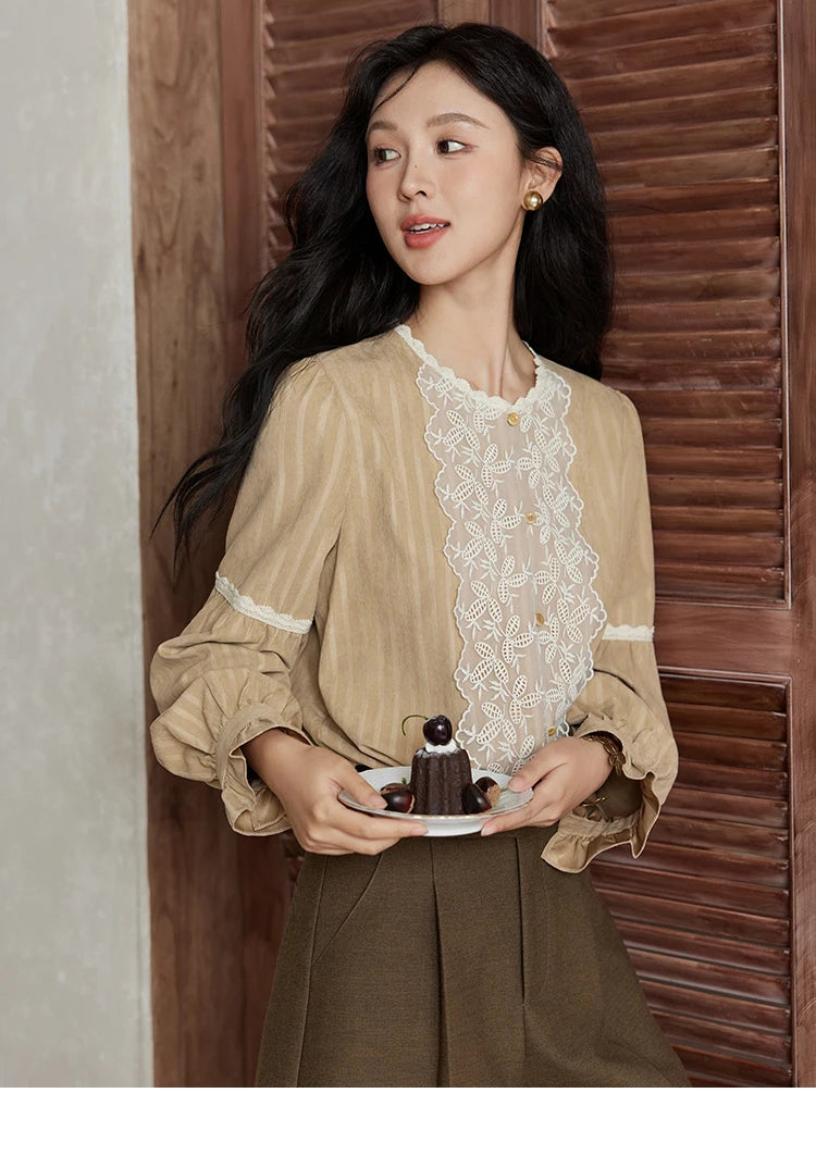 MISHOW Mesh Embroidery Blouse Lace Collar Lantern Sleeve MXD47X1664
