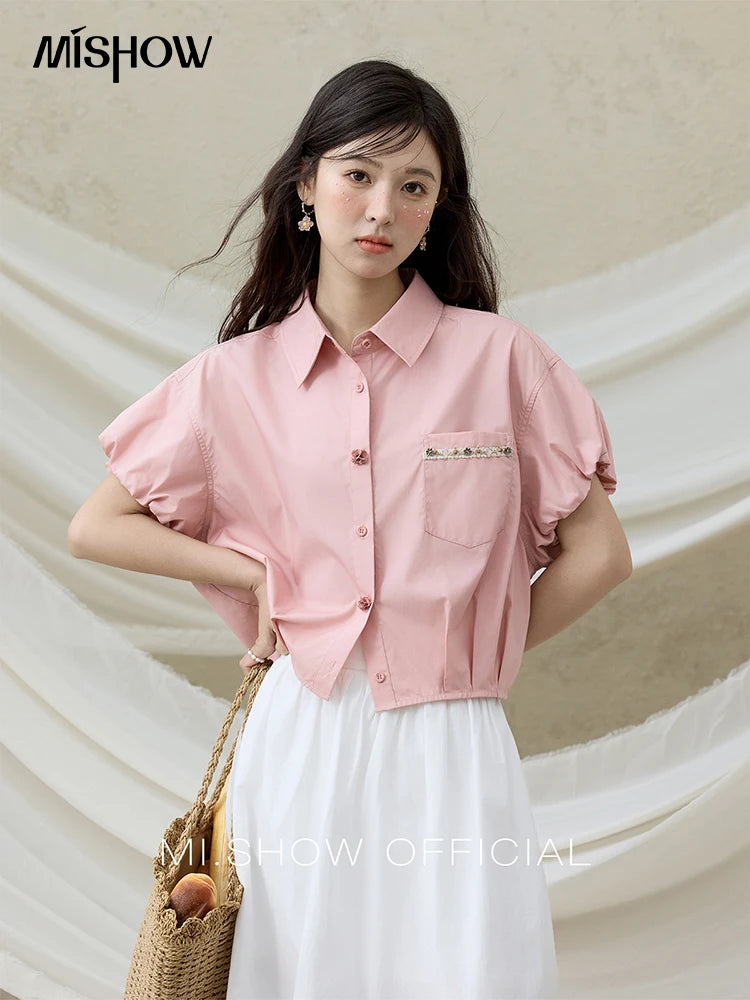 MISHOW Short Puff Sleeve Blouse Turn Down Collar Shell Ribbon MXE33C0773