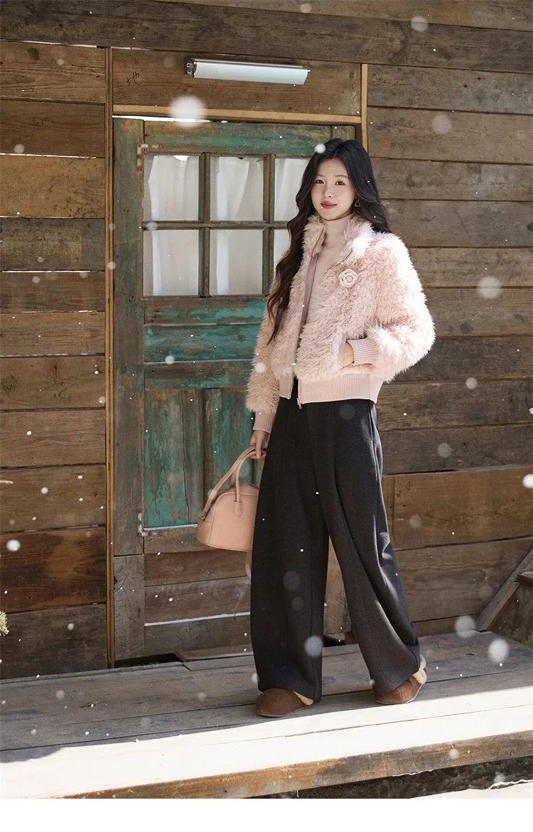 Mishow Pink Stand Collar Faux Lamb Wool Coat MXE91W0974