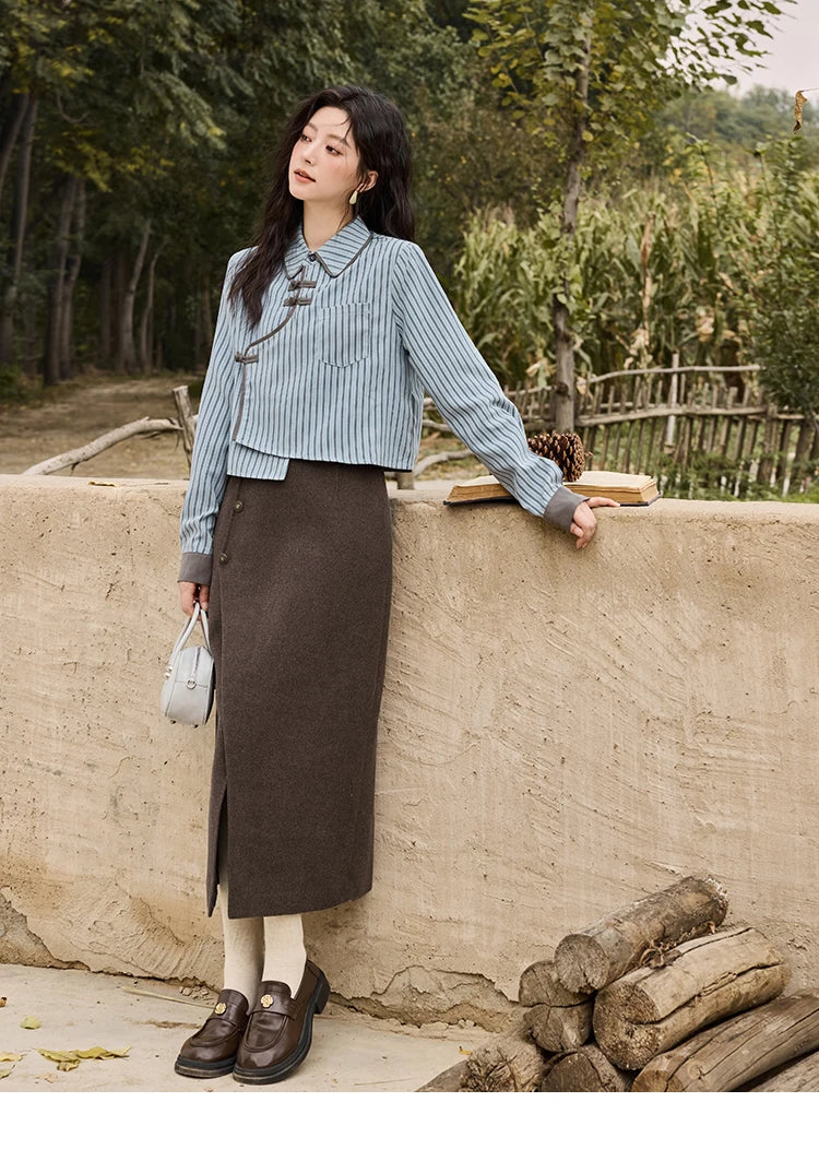Mishow Plaid Tweed O-Neck Jacket & Front Slit Long Skirt Set MXD43W0445