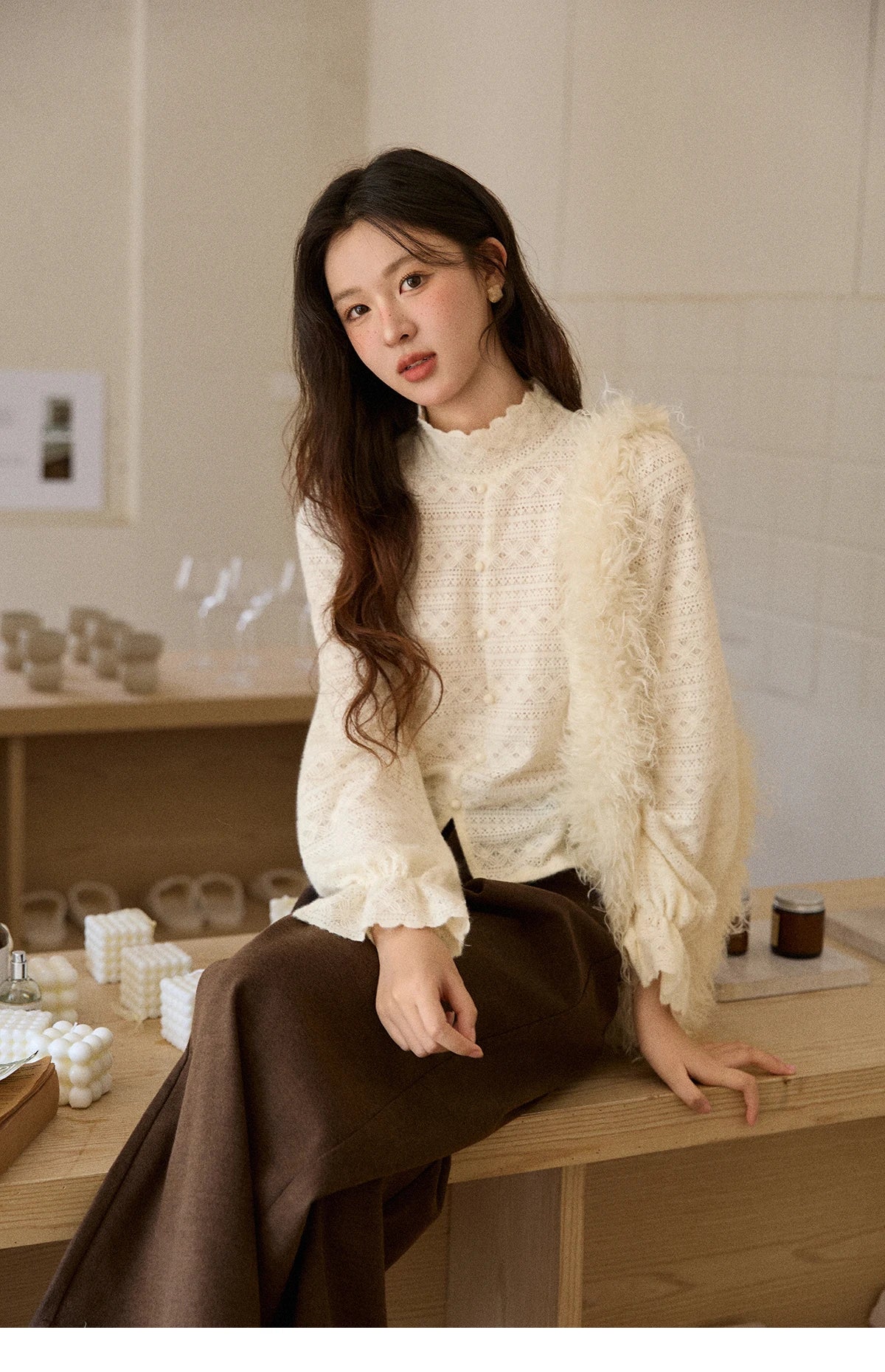MISHOW Yellow Lace Blouse High Neck Slit Base Layer MXE48X2501
