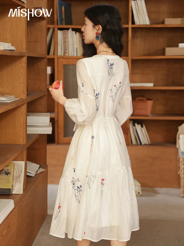 Mishow Beige Curved Collar Lantern Sleeve Tied Dress MXE41L2487