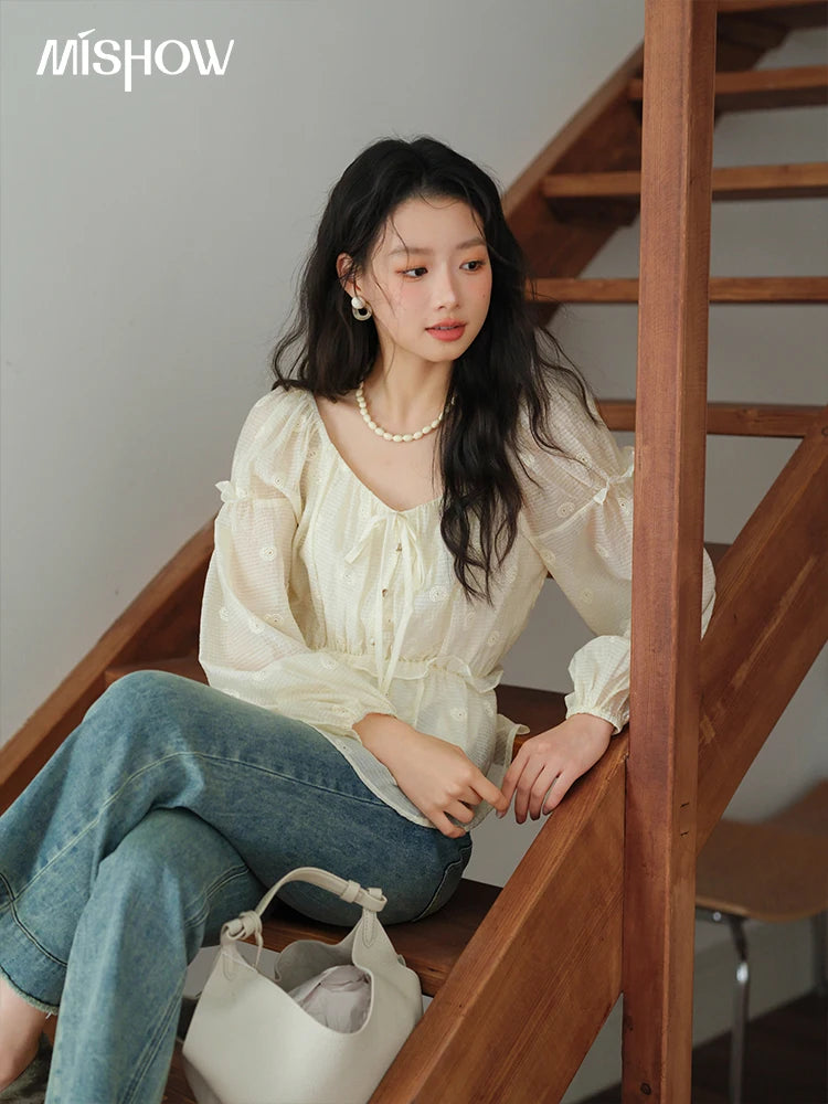 MISHOW Cashew Flower Embroidered Blouse V-Neck Lace Up Puff Sleeve MXE41X1945