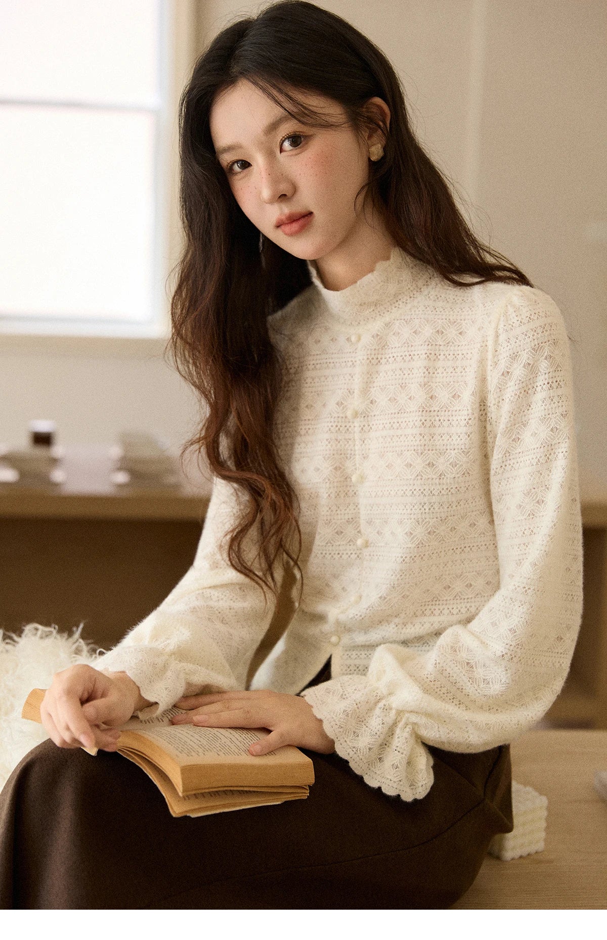 MISHOW Yellow Lace Blouse High Neck Slit Base Layer MXE48X2501