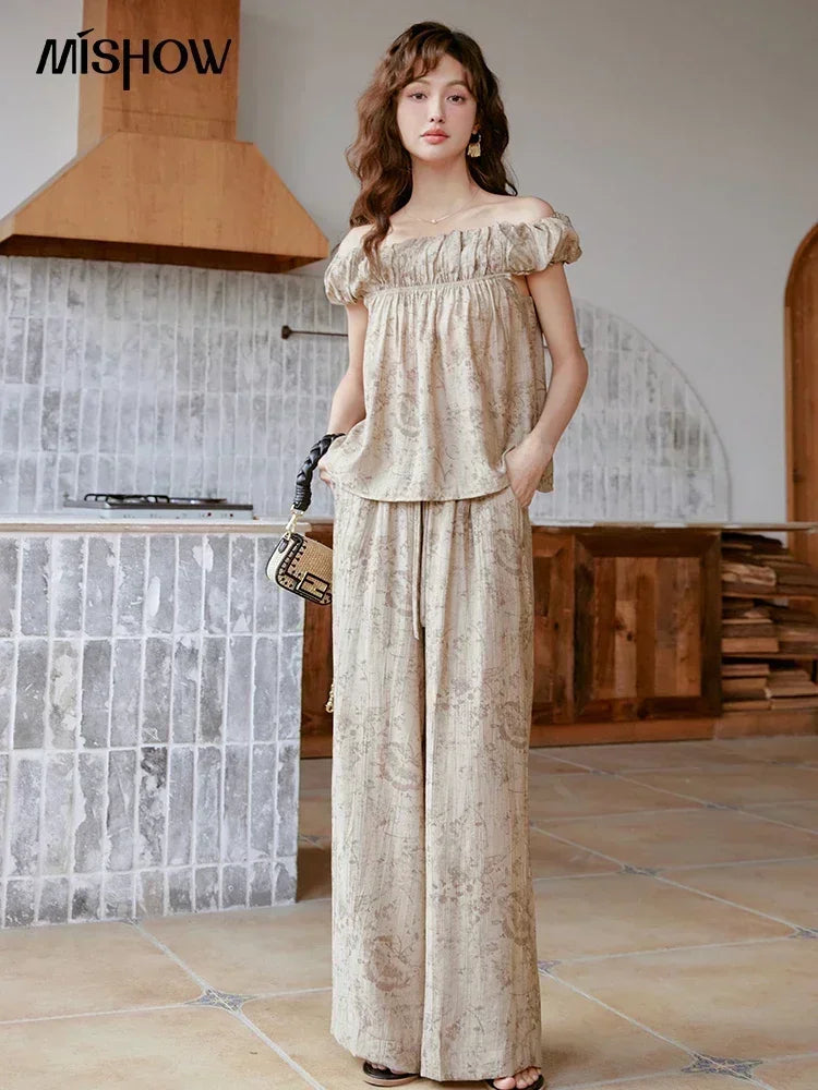 Mishow Ink Print Slash Neck Top & Wide Leg Trouser Set MXC39X1298