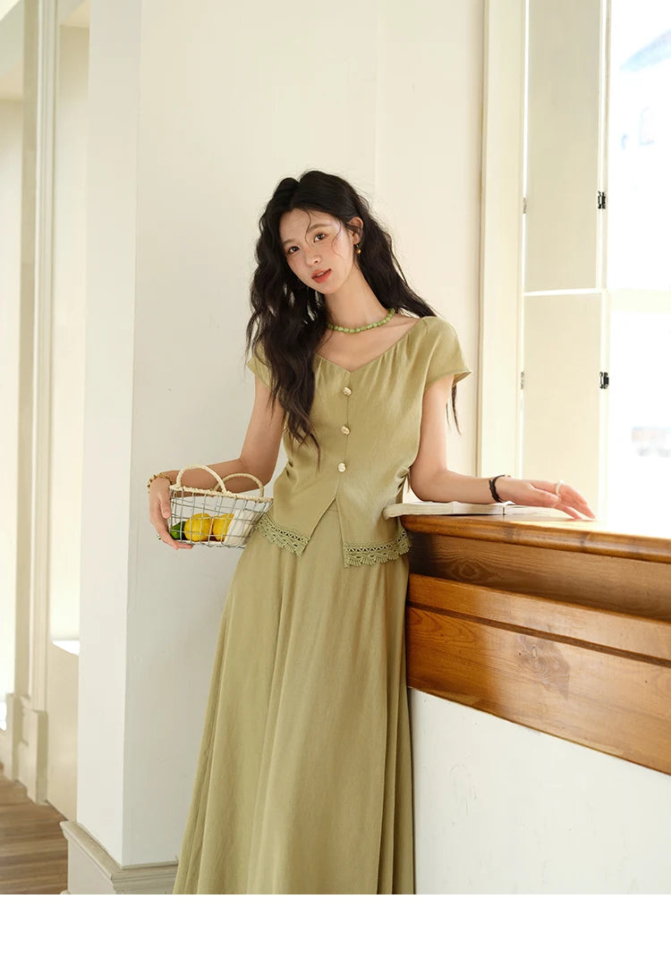 Mishow V-Neck Lace Hollow Top & Pocket A-Line Skirt Set MXE39T0665