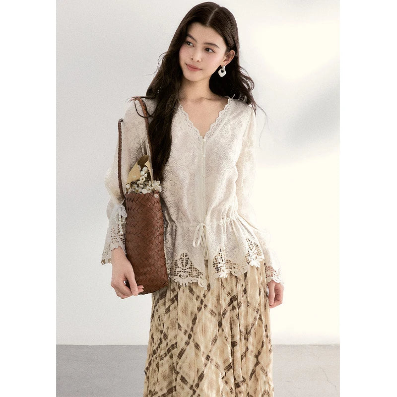 MISHOW Lace V-Neck Blouse Drawstring Waist Ruffled Hem MXF108X0998