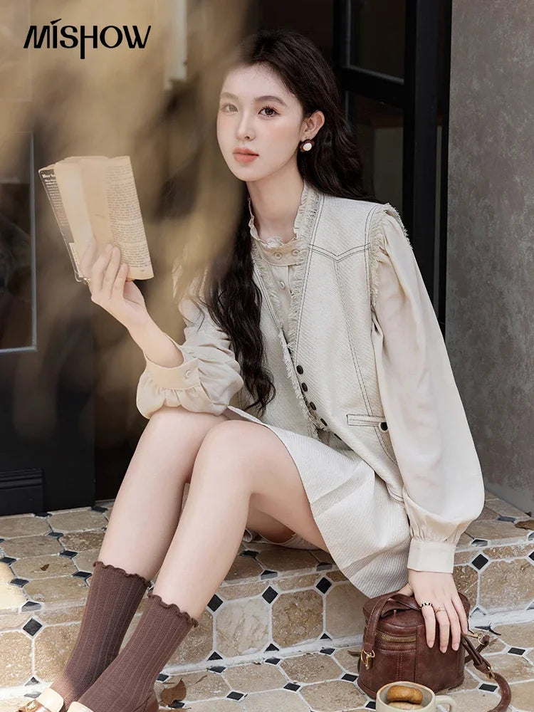 Mishow French Apricot Stand Collar Shirt & Pleated Mini Skirt Set MXD48C0365