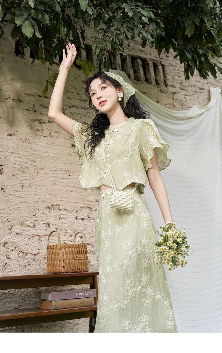 Mishow Chinese Green Stand Collar Top & Selvedge Skirt Set MXD22X1388