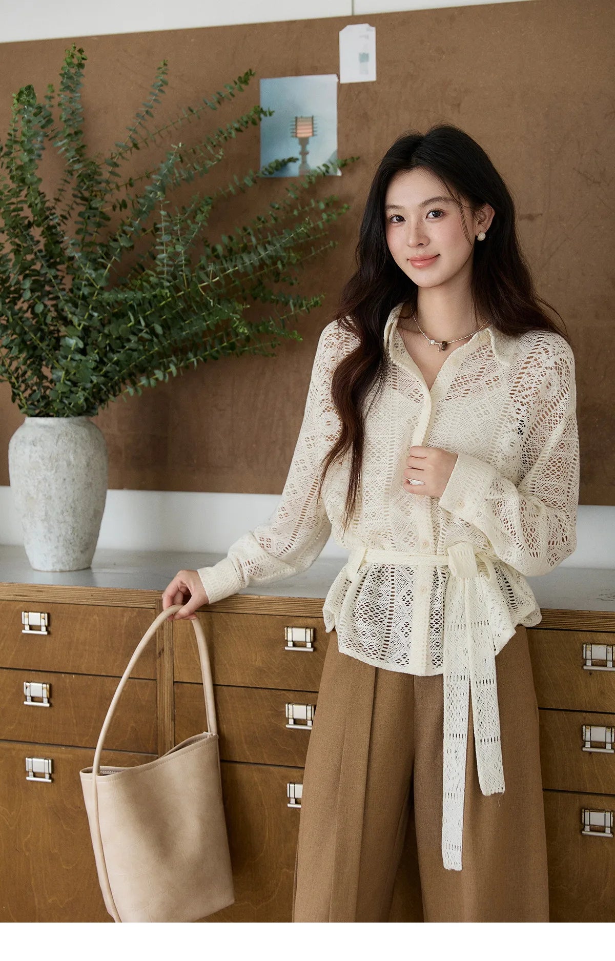 MISHOW Hollow Lace Shirt Camisole Set Drawstring Waist MXF108C0816