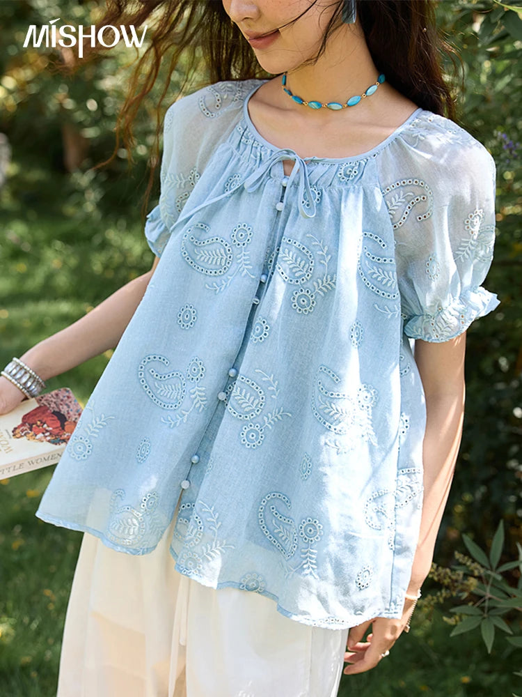MISHOW Embroidered Flower Shirt Puff Sleeve Round Neck MXE39X1922