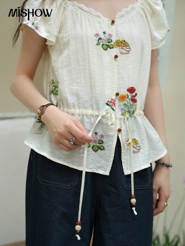 MISHOW Flower Embroidery Square Neck Lace Blouse MXE37X1895