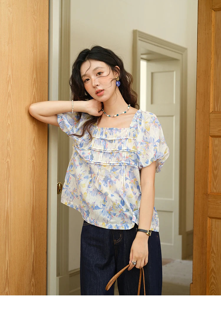 MISHOW Square Neck Puff Sleeve Blouse Print Top MXE39X1937