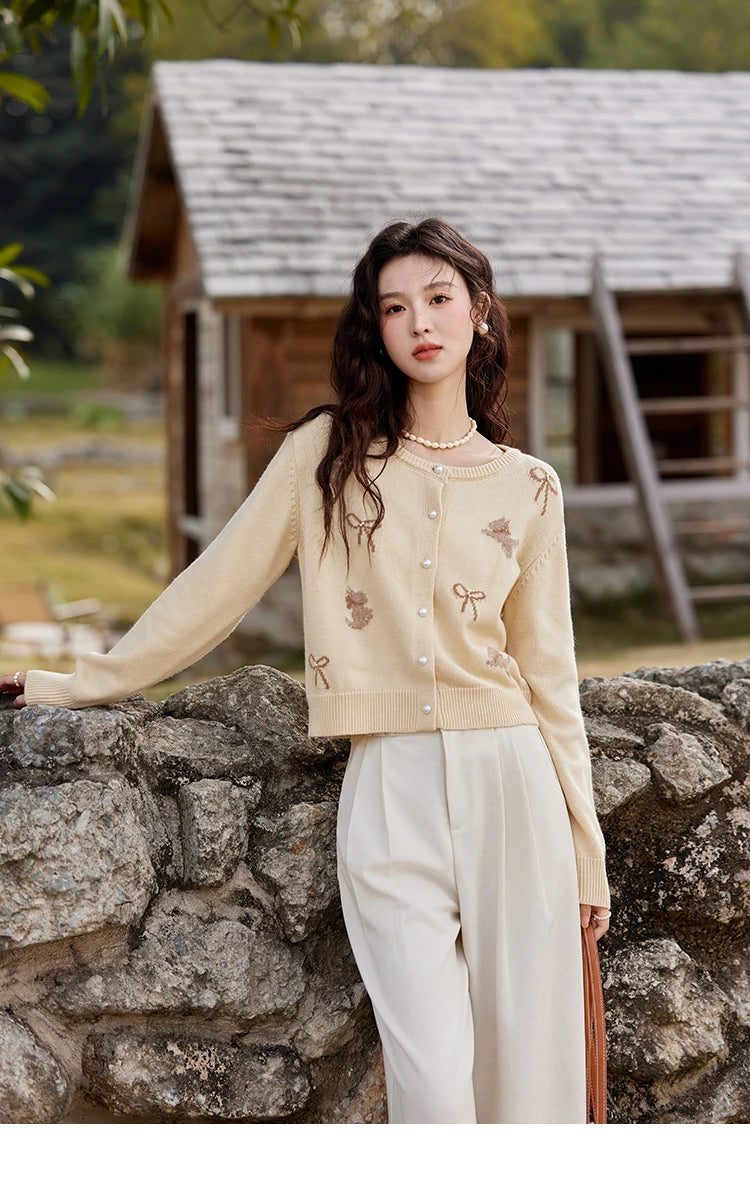 Mishow Yellow Dog Bow Jacquard Pearl Button Sweater MXE13Z1197