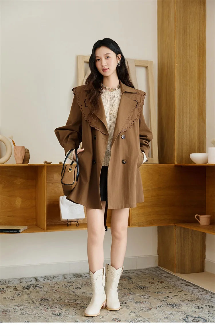 Mishow Hollow Embroidery Mid-Length Trench Coat MXE46W0862