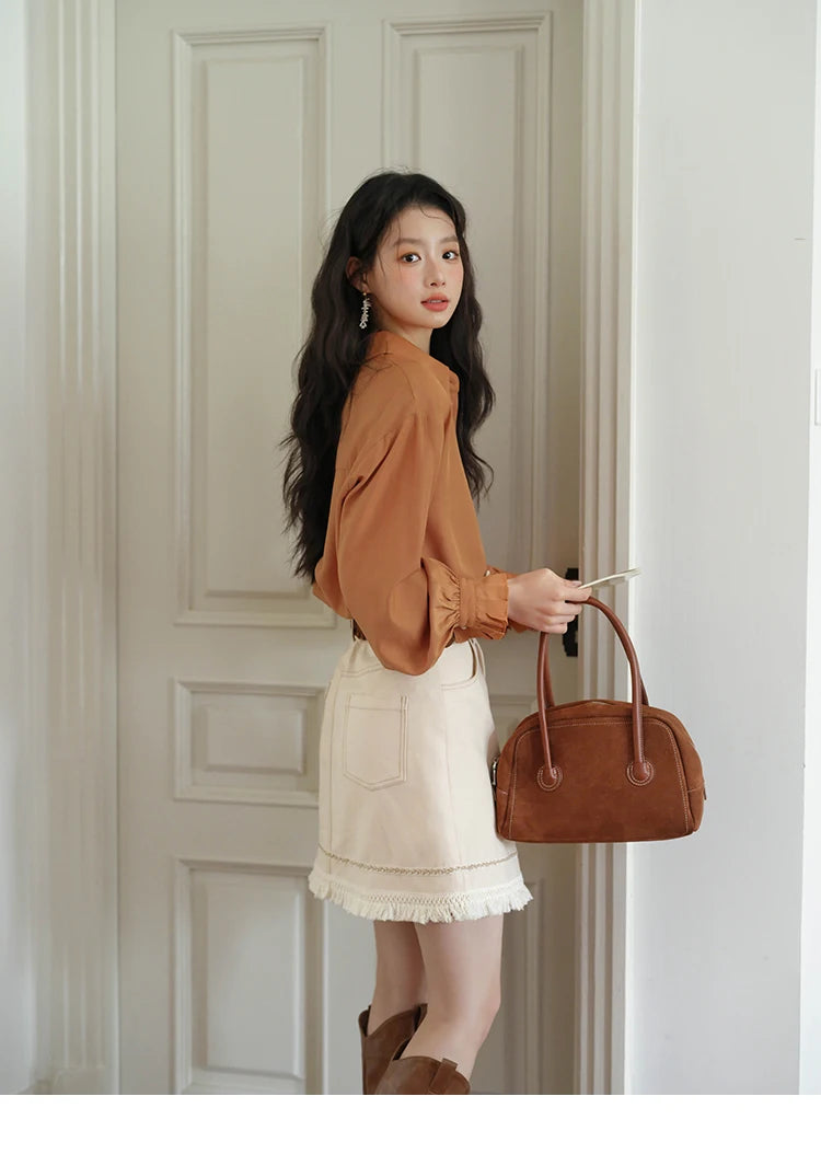 MISHOW Women's Color Block Shirt Pleated Cuffs Lapel Top MXE41C2352