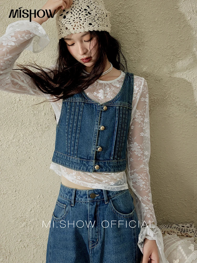 Mishow Retro Deep Blue Denim Vest Coat MXE16W0750