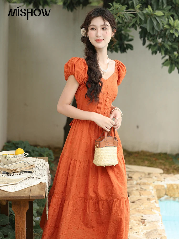 Mishow 100% Cotton Orange Embroidered Sweetheart Dress MXD29L1931
