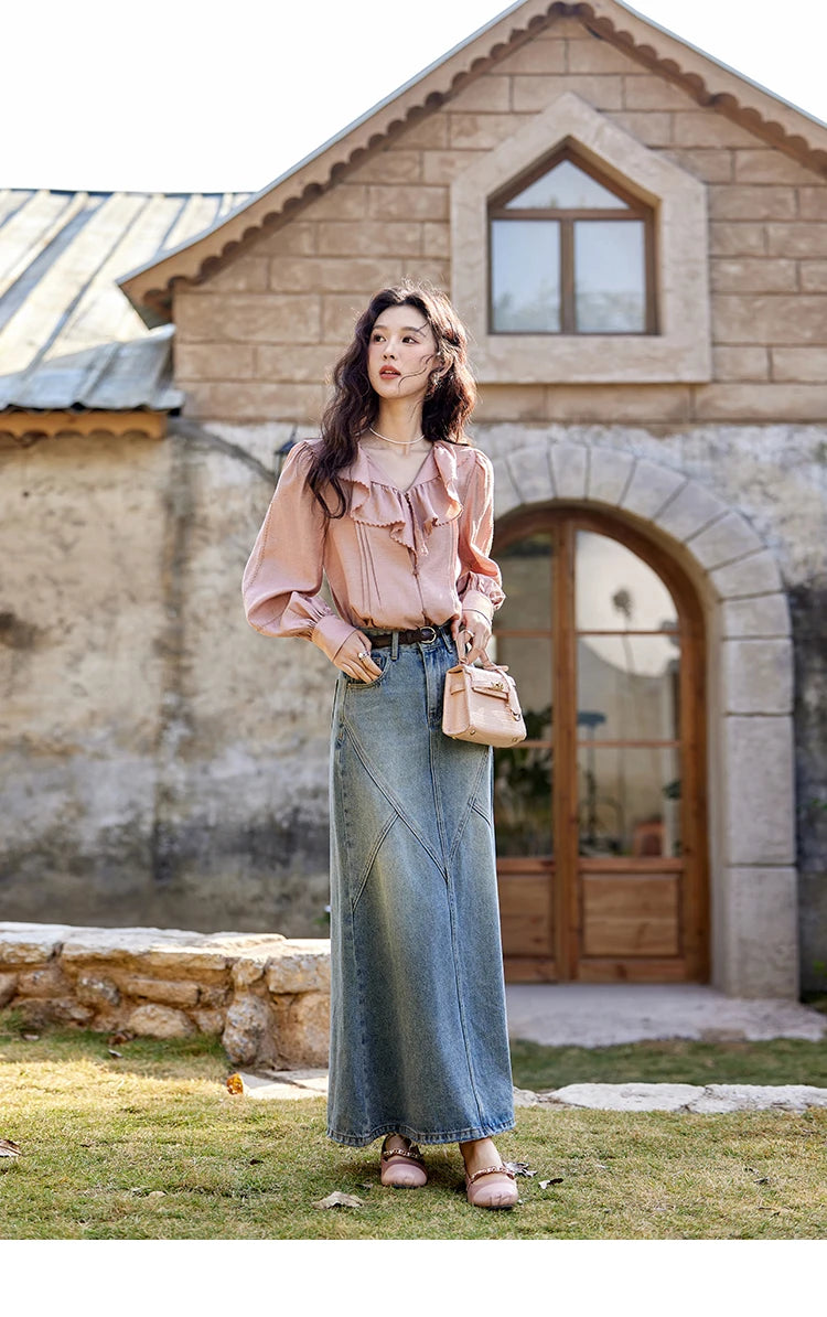 MISHOW Lotus Leaf Collar Shirt Bubble Sleeves Pink Chiffon MXE12X1702