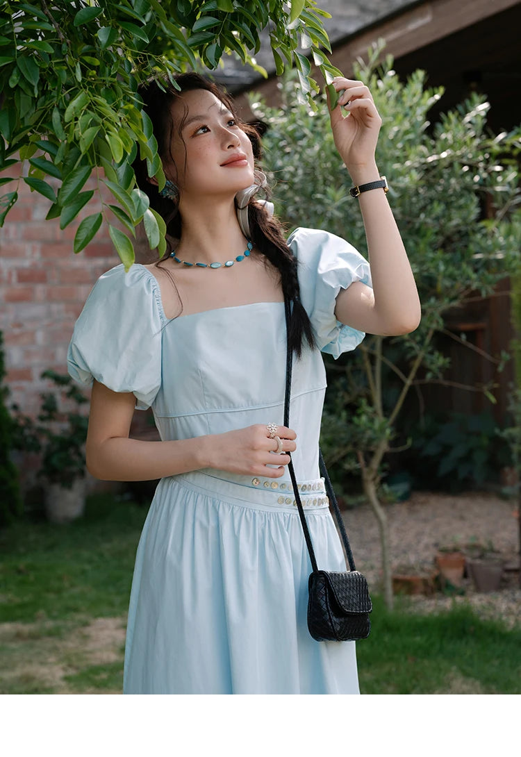 Mishow Square Neck Puff Sleeve Double Belt Dress MXE34L2222