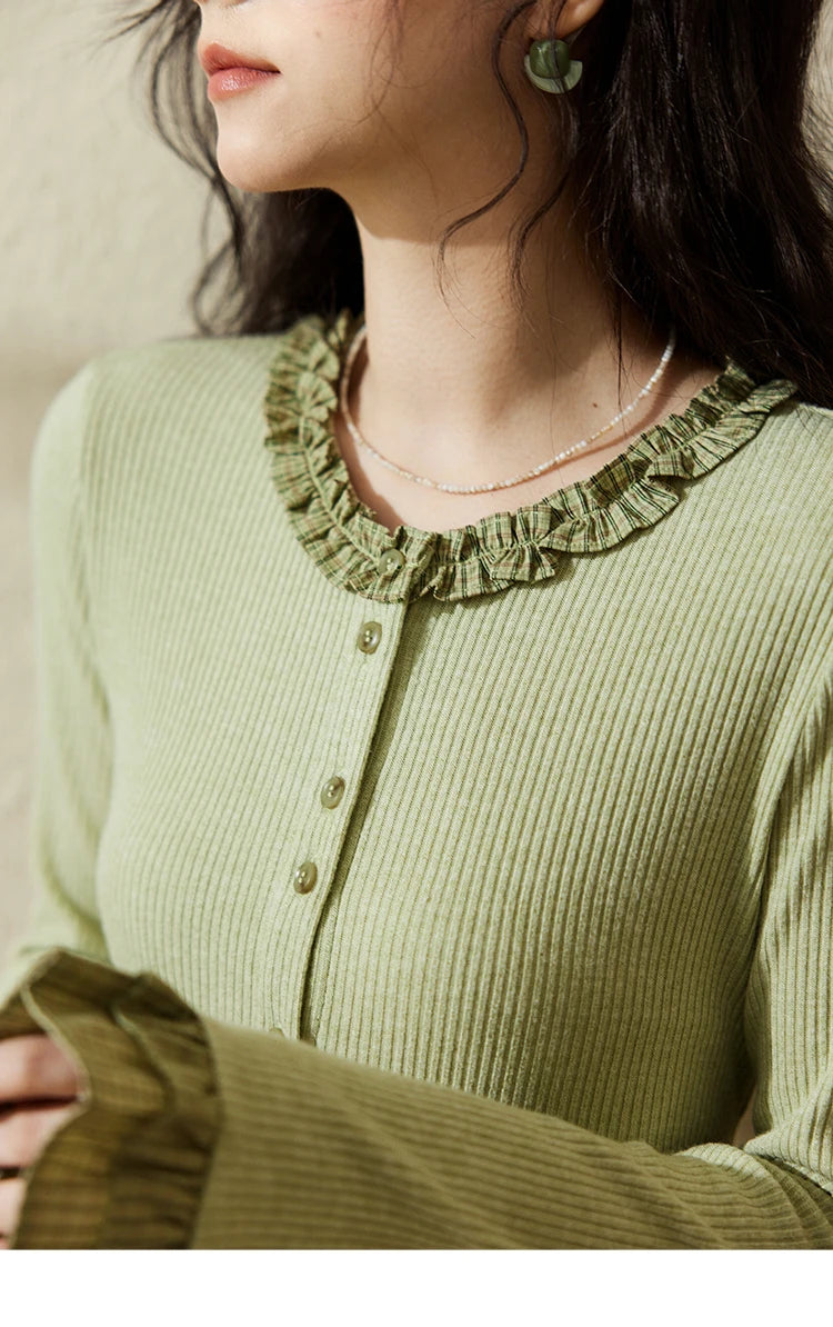 Mishow Green Plaid Lotus Leaf Sleeve Tee MXE14Z1152