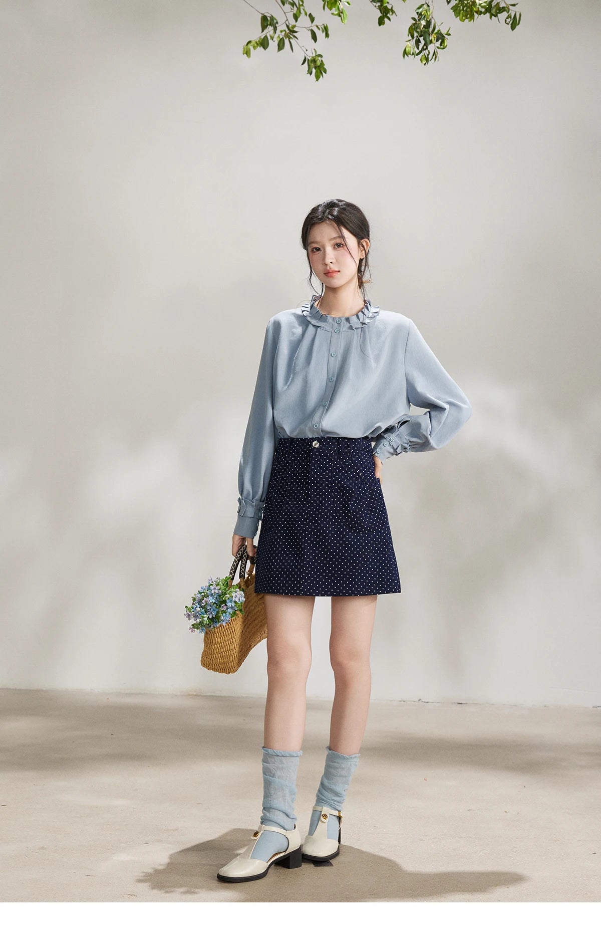 MISHOW Peach Skin Solid Shirt Ruffled Crew Neck MXF11C2431